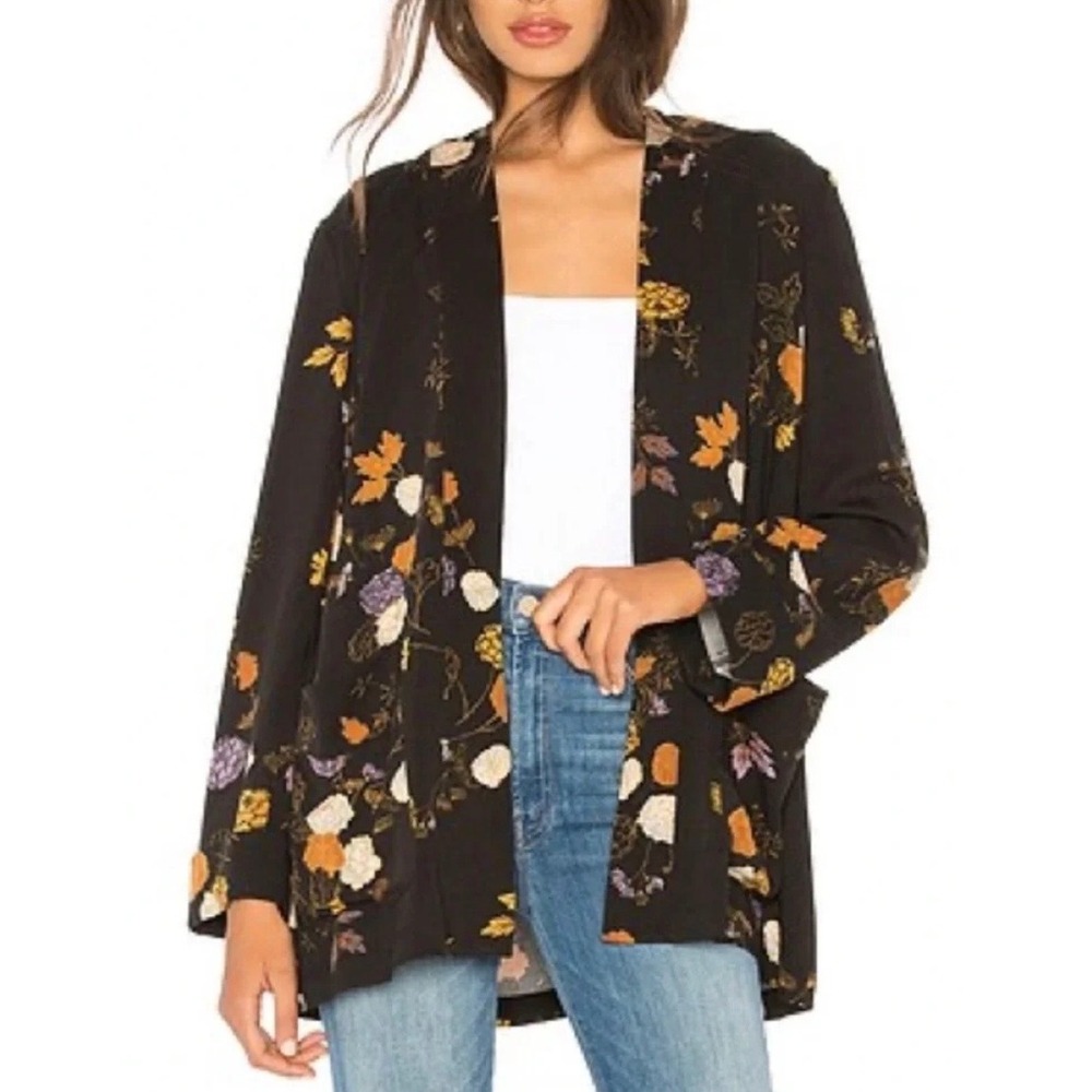 Free People Peony Floral Kimono Jacket Black Orange Open Front Cardigan Small